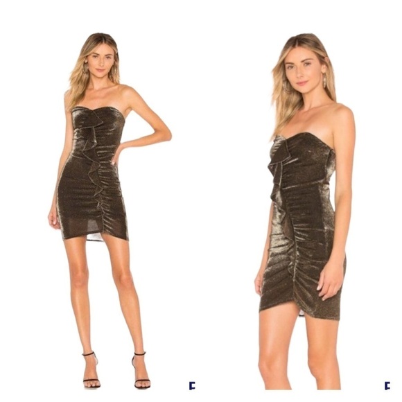 NWT LIKELY Revolve Metallic Gold Ali Strapless Ruffle Bodycon Mini Dress Size 2 - Picture 1 of 10